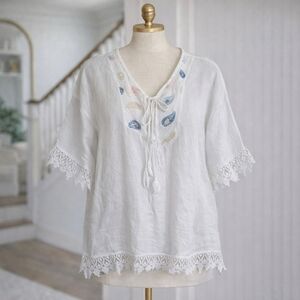 Femme Fatale 100% Linen Made In Italy White Embroidered Beach Cover Shirt